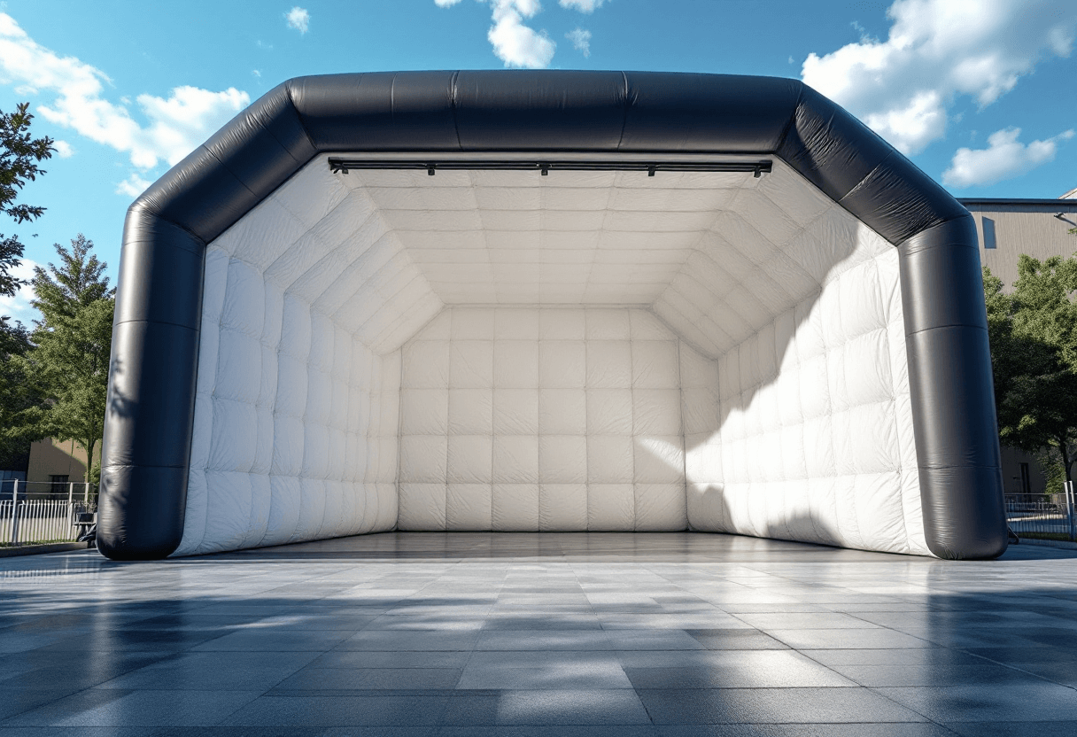 Garage gonflable réaliste en extérieur avec logos neutres.