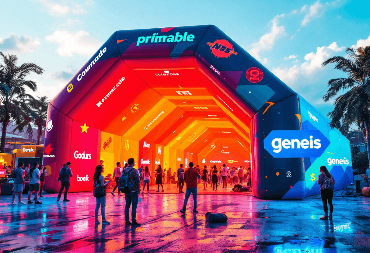 Garage gonflable en salon professionnel, branding fictif visible.